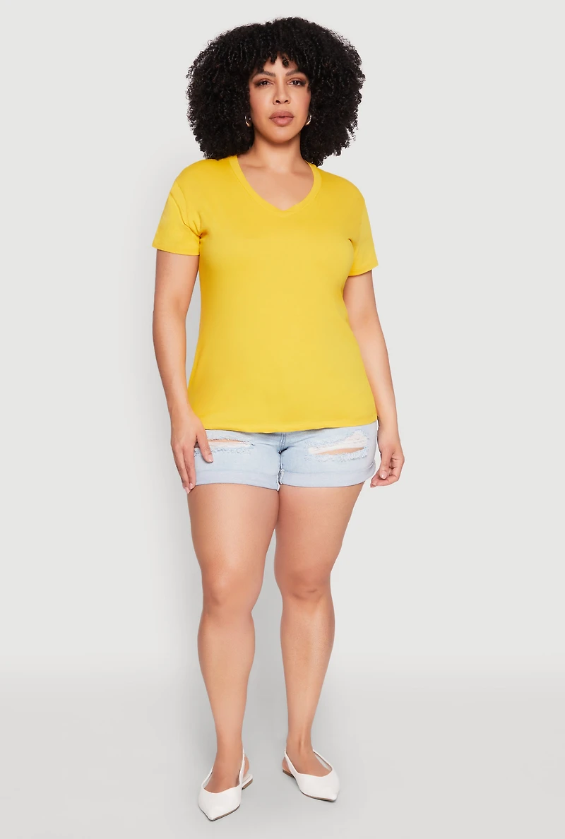 Womens Plus Size V Neck Short Sleeve Top, Yellow, Size 2X