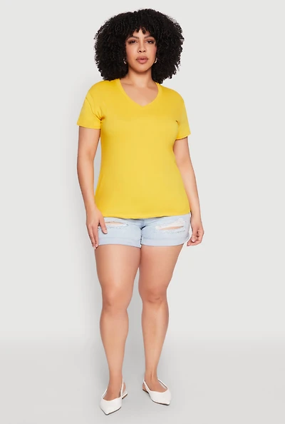 Womens Plus Size V Neck Short Sleeve Top, Yellow, Size 2X