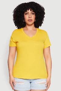 Womens Plus Size V Neck Short Sleeve Top, Yellow, Size 2X