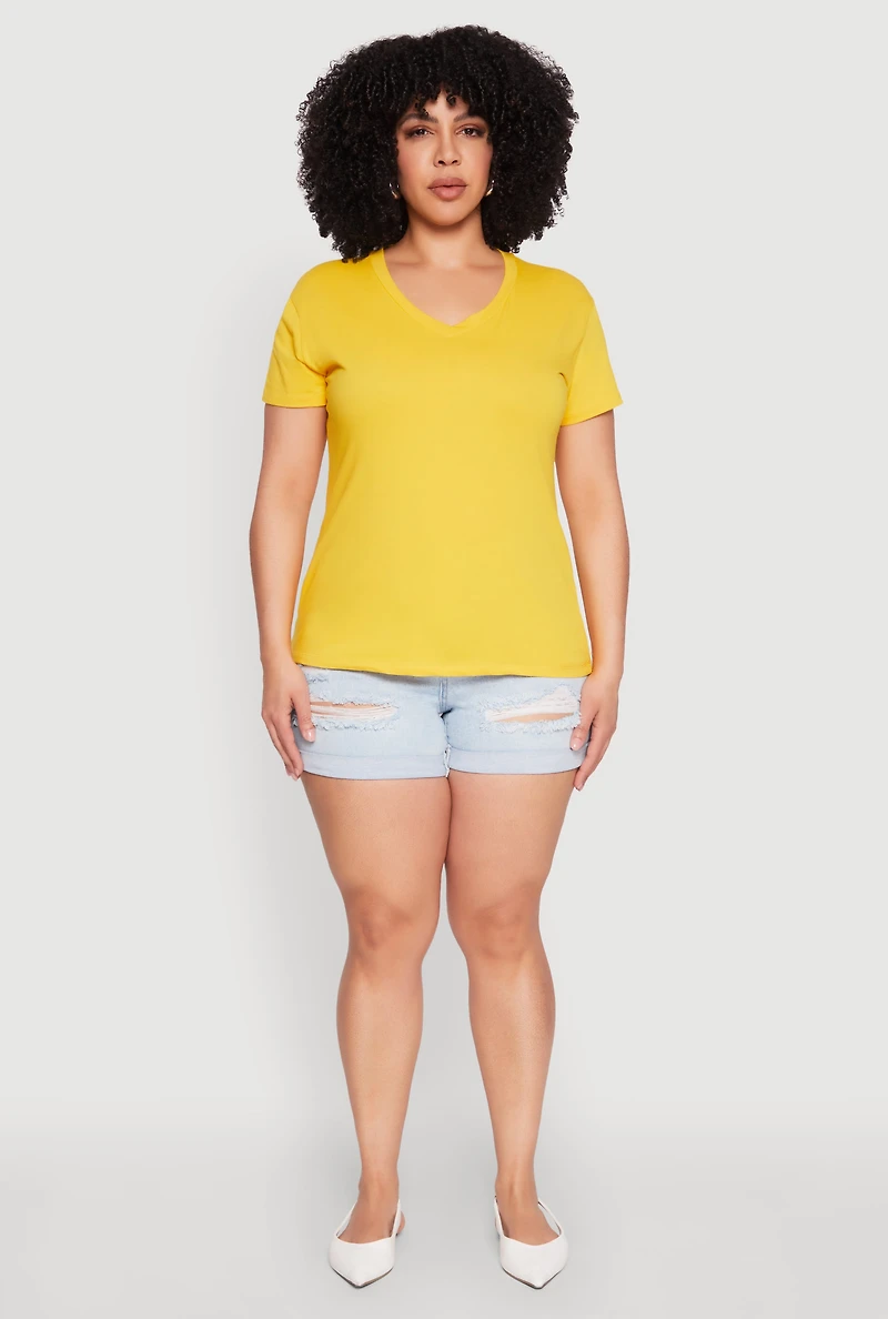 Womens Plus V Neck Short Sleeve Top, Yellow,
