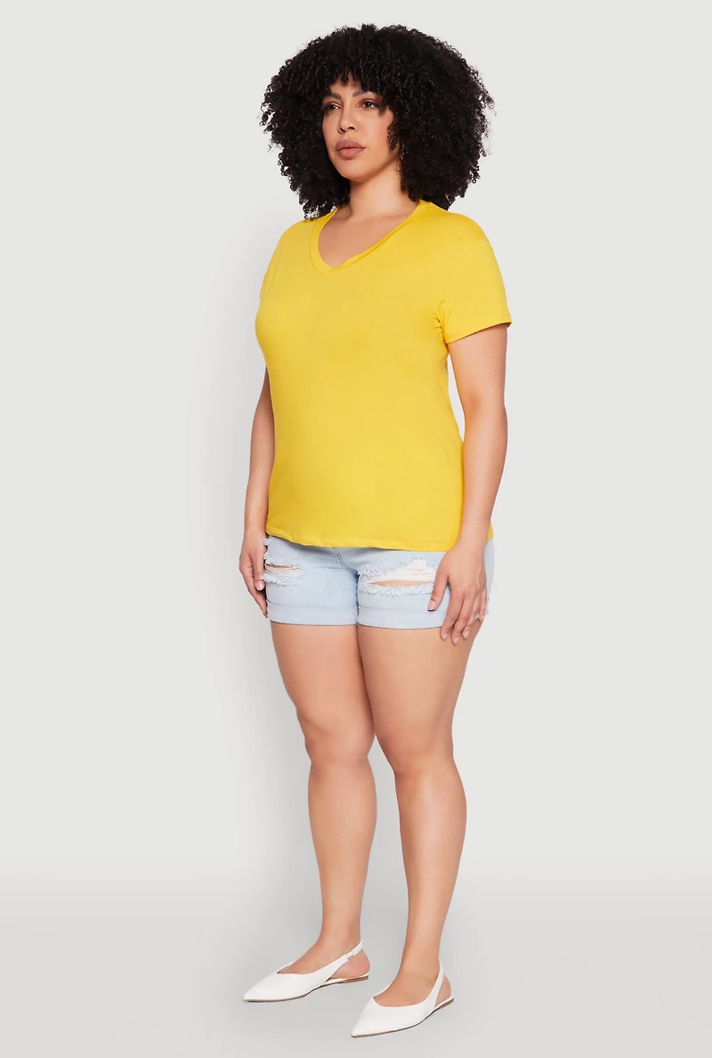 Womens Plus V Neck Short Sleeve Top, Yellow,