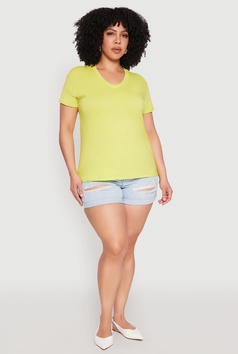 Womens Plus V Neck Short Sleeve Top, Yellow,