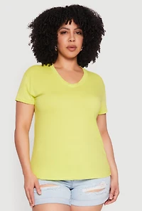 Womens Plus V Neck Short Sleeve Top, Yellow,