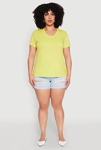 Womens Plus V Neck Short Sleeve Top, Yellow,