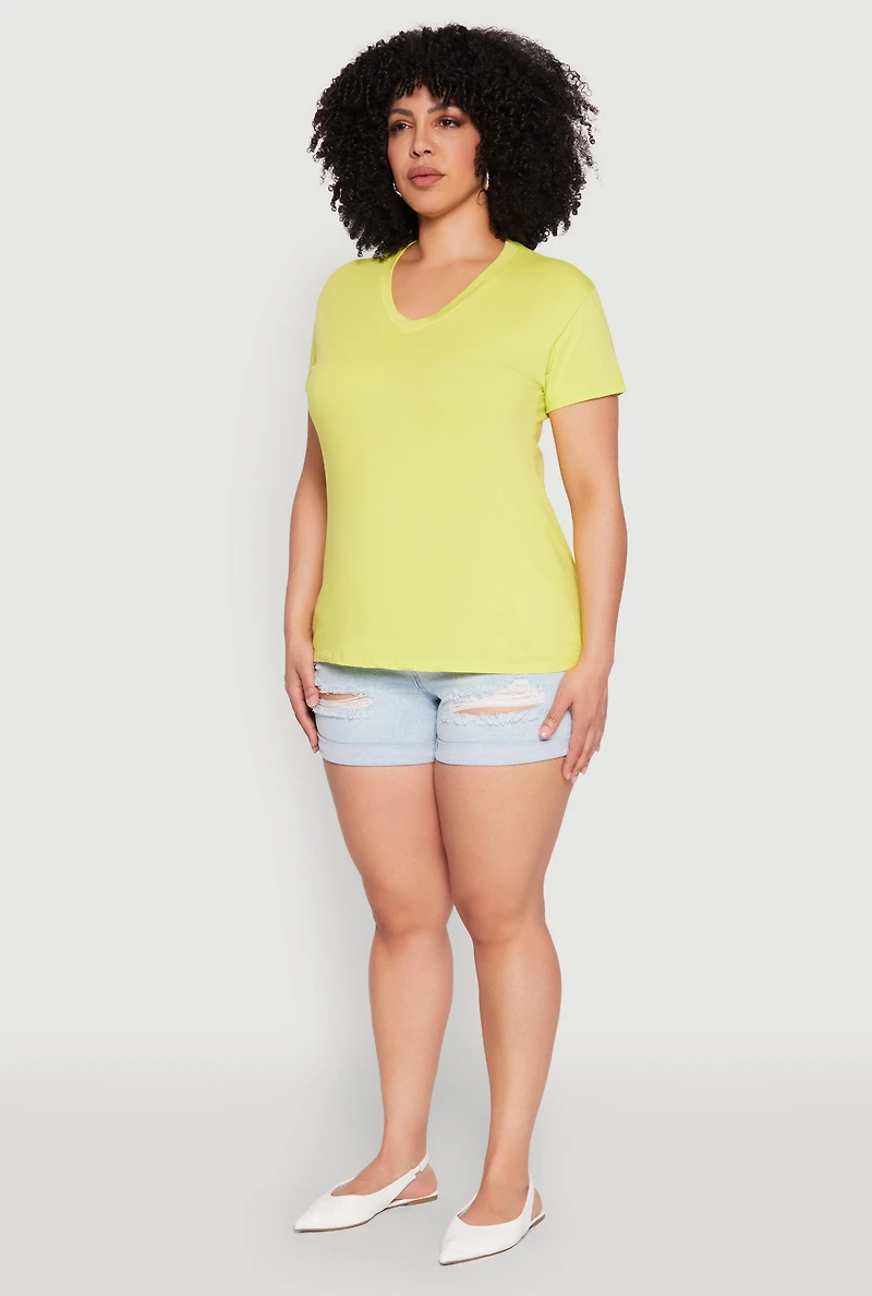 Womens Plus V Neck Short Sleeve Top, Yellow,