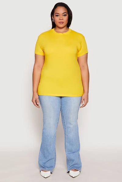 Womens Plus Size Short Sleeve Crew Neck T Shirt, Yellow, Size 1X