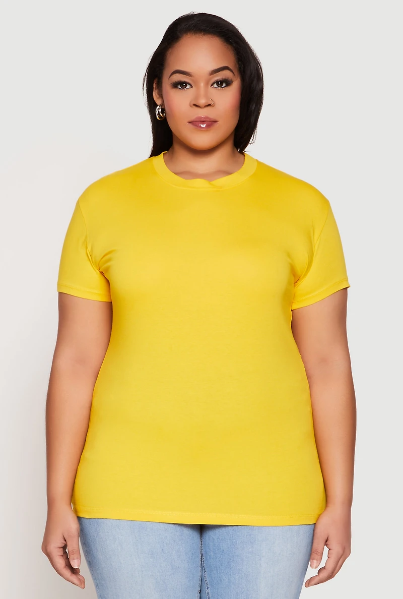 Womens Plus Size Short Sleeve Crew Neck T Shirt, Yellow, Size 1X