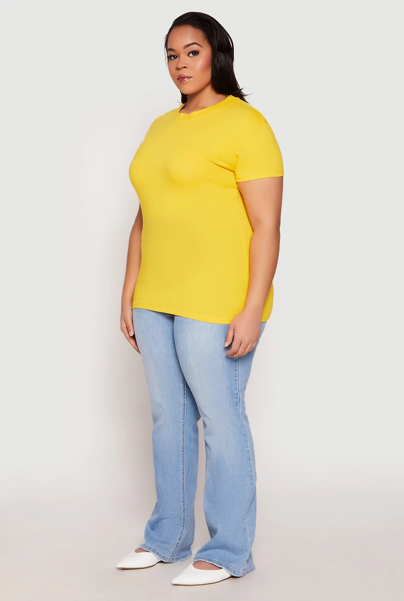 Womens Plus Size Short Sleeve Crew Neck T Shirt, Yellow, Size 1X