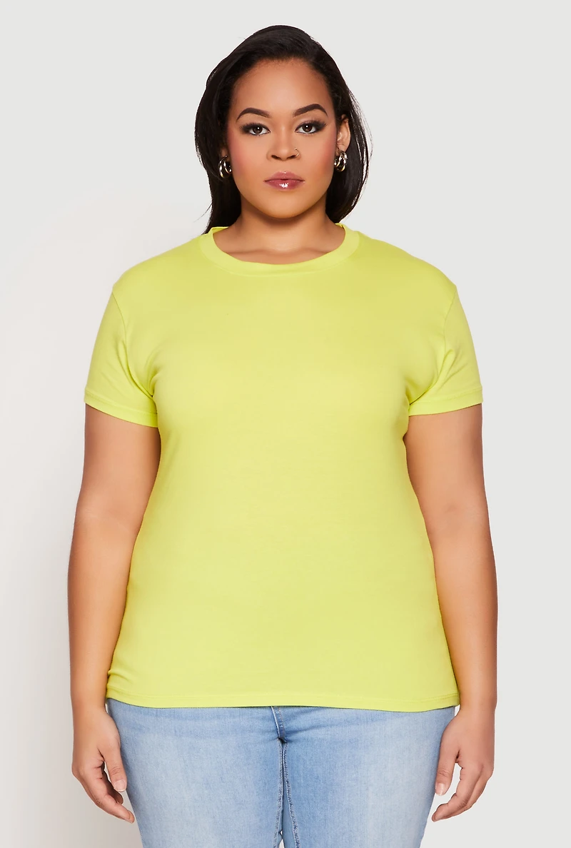 Womens Plus Size Short Sleeve Crew Neck T Shirt, Yellow, Size 1X