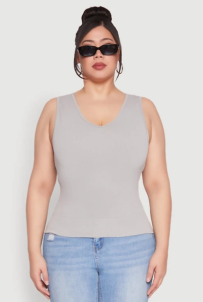 Plus Seamless V Neck Rib Knit Top