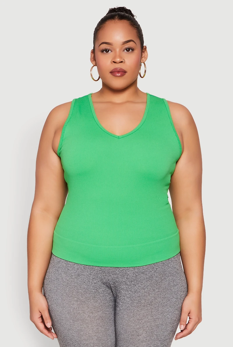 Womens Plus Seamless V Neck Rib Knit Top, 2X-3X