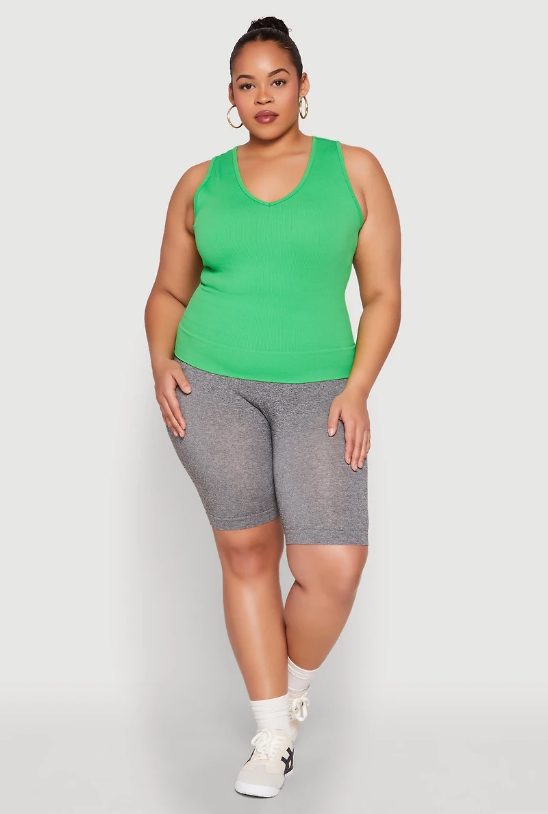 Womens Plus Seamless V Neck Rib Knit Top, 2X-3X