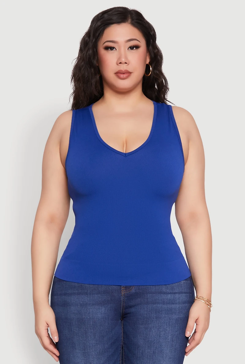Womens Plus Seamless V Neck Rib Knit Top, 1X-2X