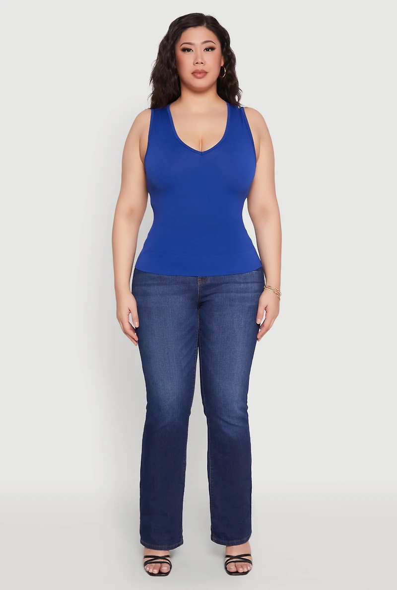 Womens Plus Seamless V Neck Rib Knit Top, 1X-2X