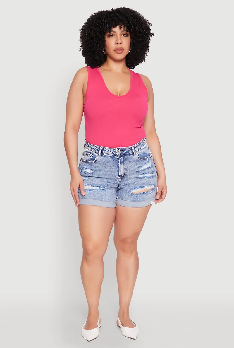 Plus Seamless V Neck Rib Knit Top