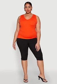 Womens Plus Size Seamless V Neck Rib Knit Top, Orange, Size 1X-2X