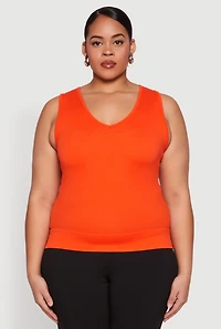 Womens Plus Size Seamless V Neck Rib Knit Top, Orange, Size 1X-2X