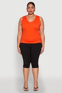 Womens Plus Size Seamless V Neck Rib Knit Top, Orange, Size 1X-2X