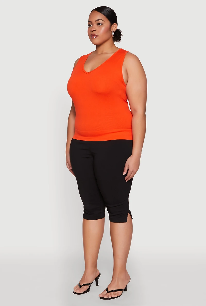 Womens Plus Size Seamless V Neck Rib Knit Top, Orange, Size 1X-2X