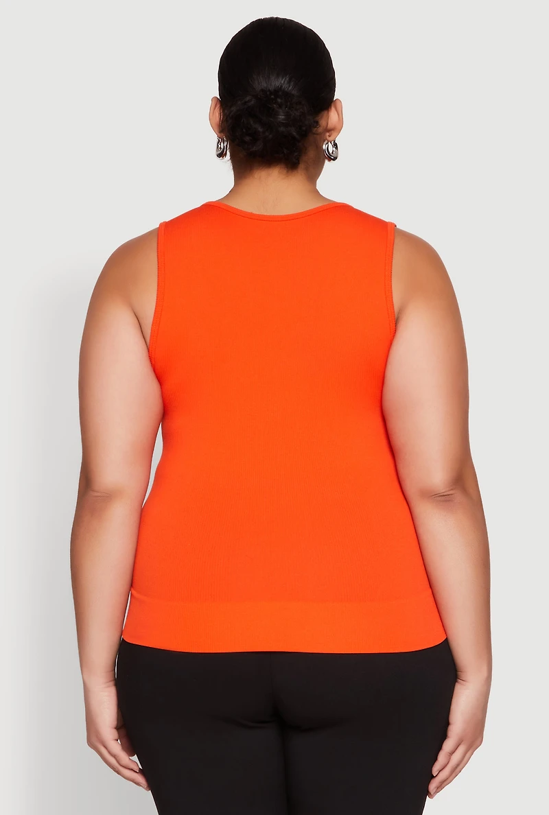 Womens Plus Size Seamless V Neck Rib Knit Top, Orange, Size 1X-2X