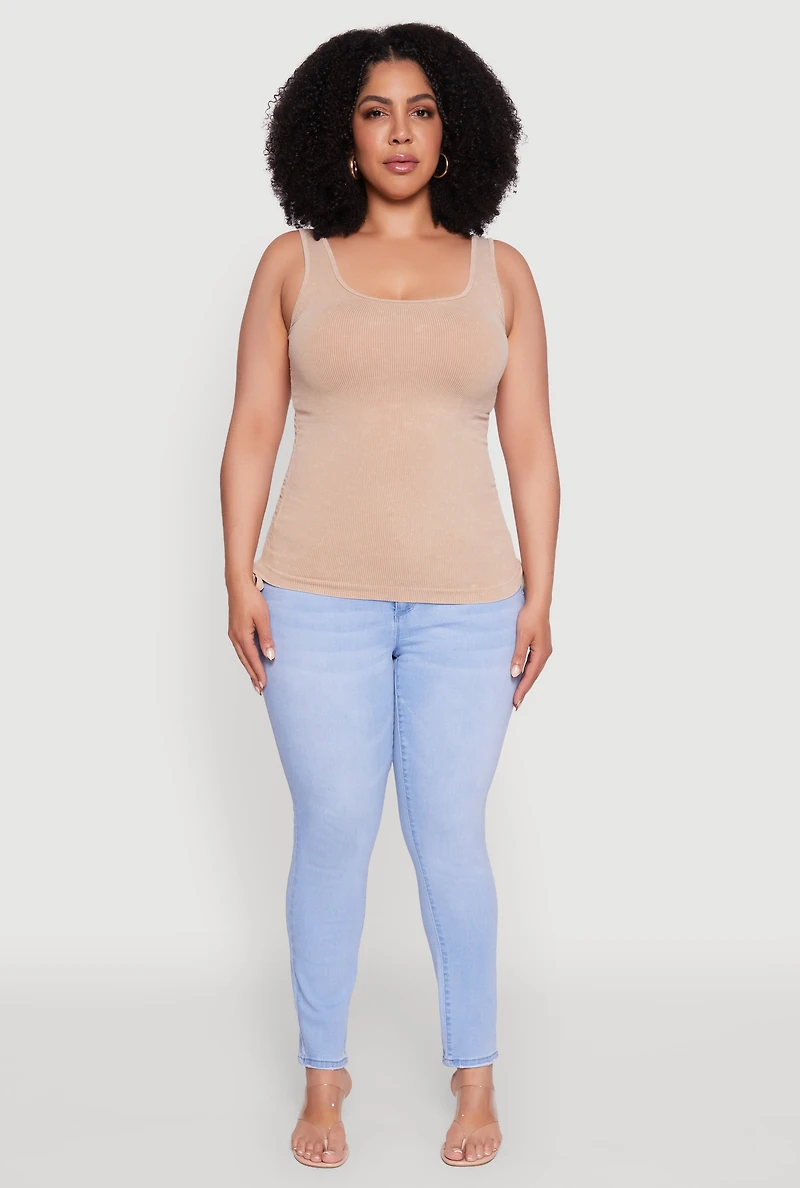 Womens Plus Size Trendy Mineral Wash Side Ruched Tank Top, Beige, Size 1X-2X