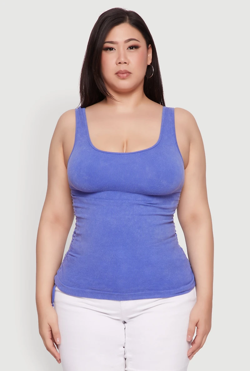 Womens Plus Trendy Mineral Wash Side Ruched Tank Top, Blue,
