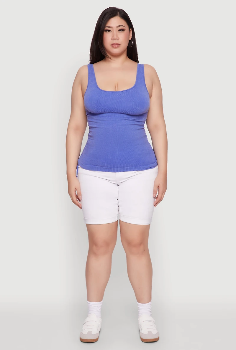 Womens Plus Trendy Mineral Wash Side Ruched Tank Top, Blue,