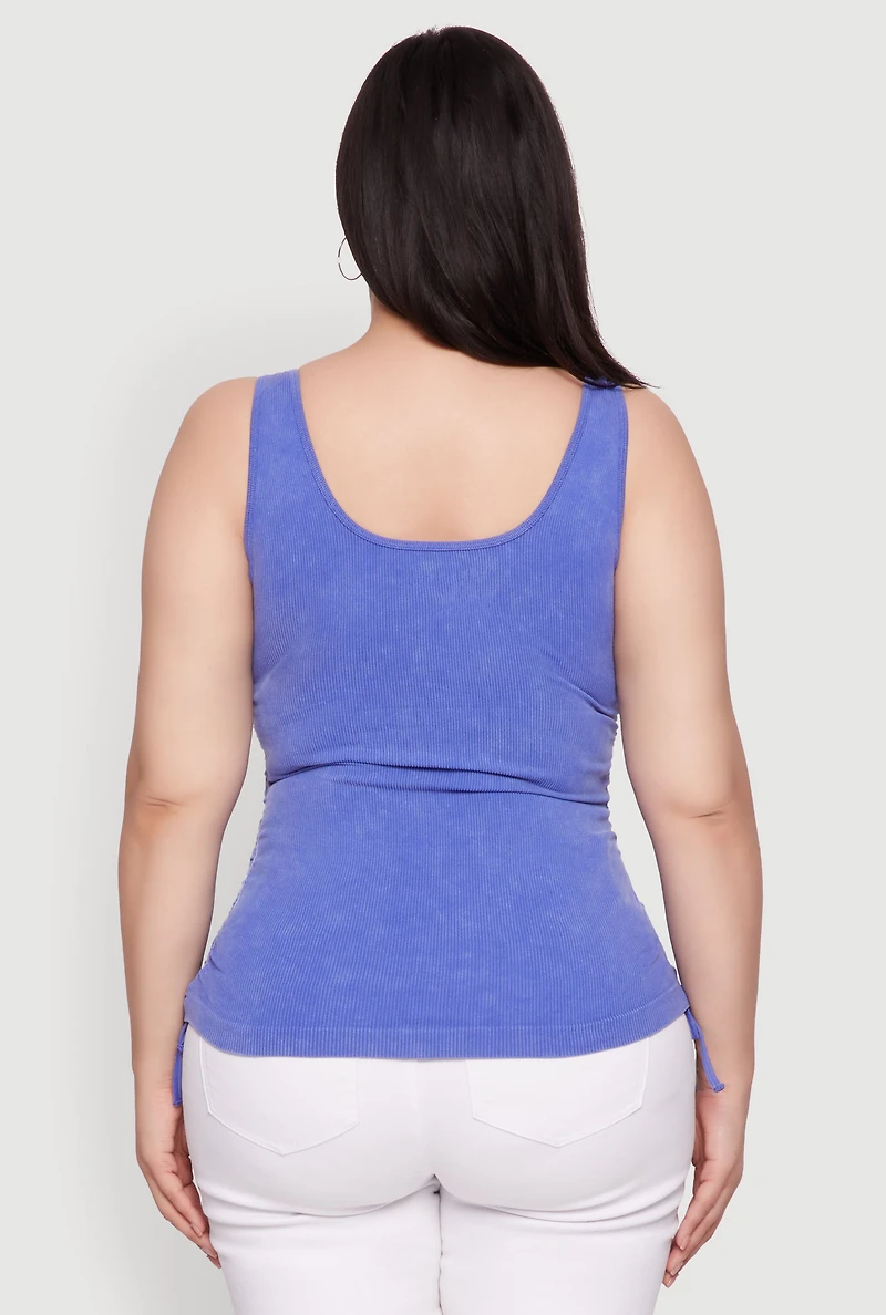 Womens Plus Trendy Mineral Wash Side Ruched Tank Top, Blue,