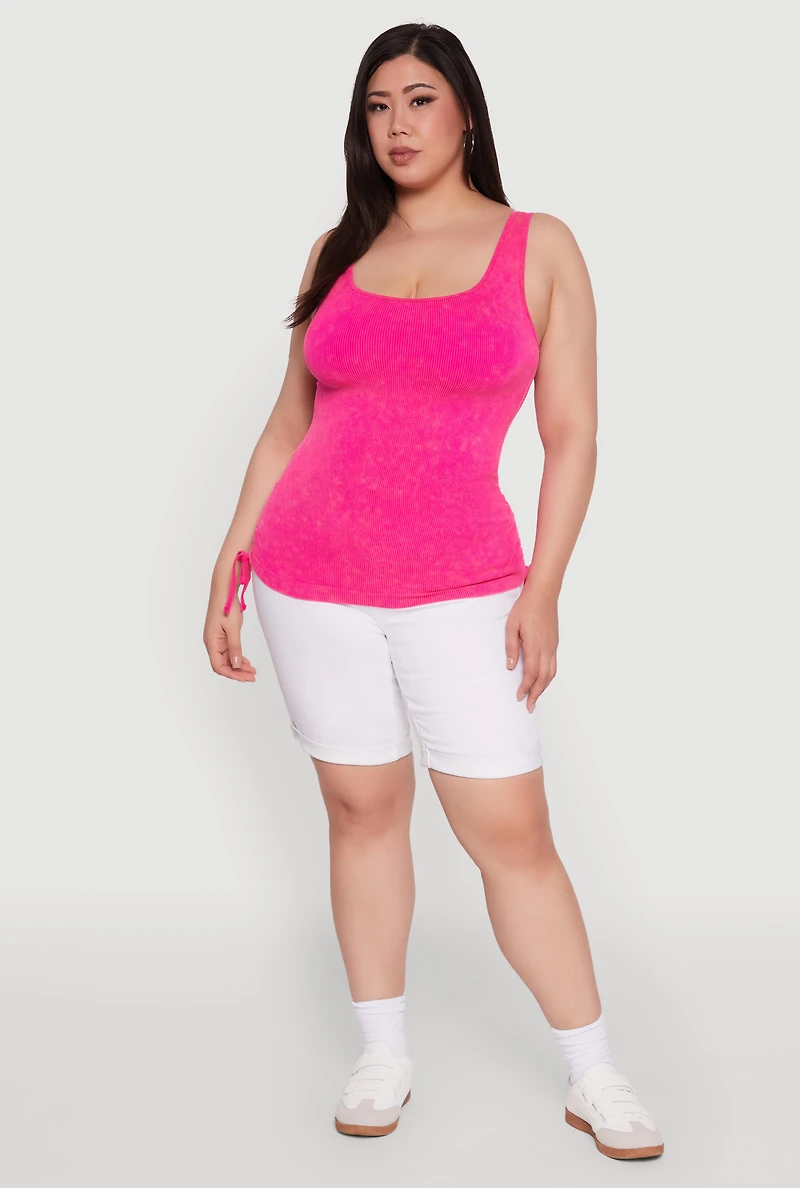 Womens Plus Size Trendy Mineral Wash Side Ruched Tank Top, Pink, Size 1X-2X