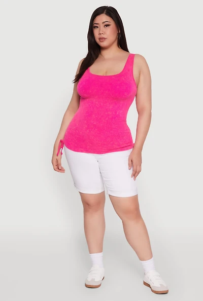 Womens Plus Size Trendy Mineral Wash Side Ruched Tank Top, Pink, Size 1X-2X