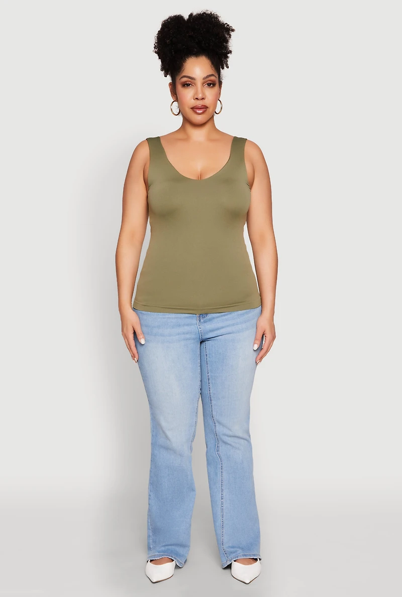 Womens Plus Size Seamless Shelf Bra Tank Top, Green, Size 1X-2X
