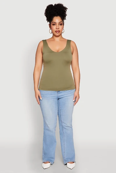 Womens Plus Size Seamless Shelf Bra Tank Top, Green, Size 1X-2X