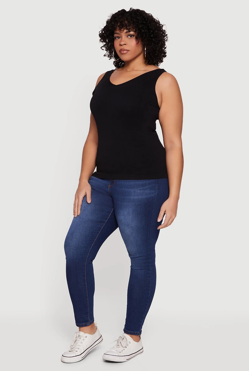 Plus Seamless Ribbed Knit V Neck Top
