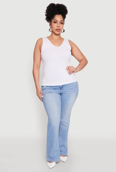 Womens Plus Size Seamless Rib Knit Tank Top, White, Size 1X-2X