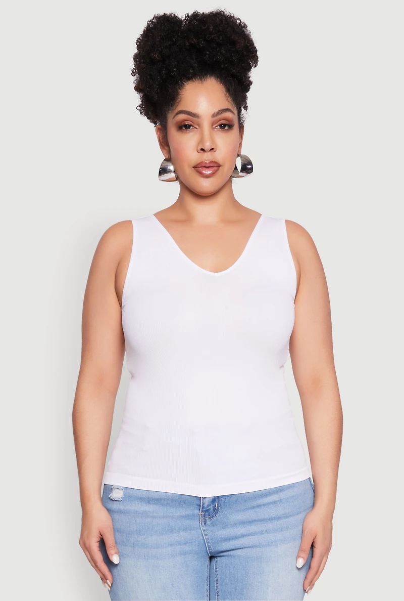 Womens Plus Size Seamless Rib Knit Tank Top, White, Size 2X-3X