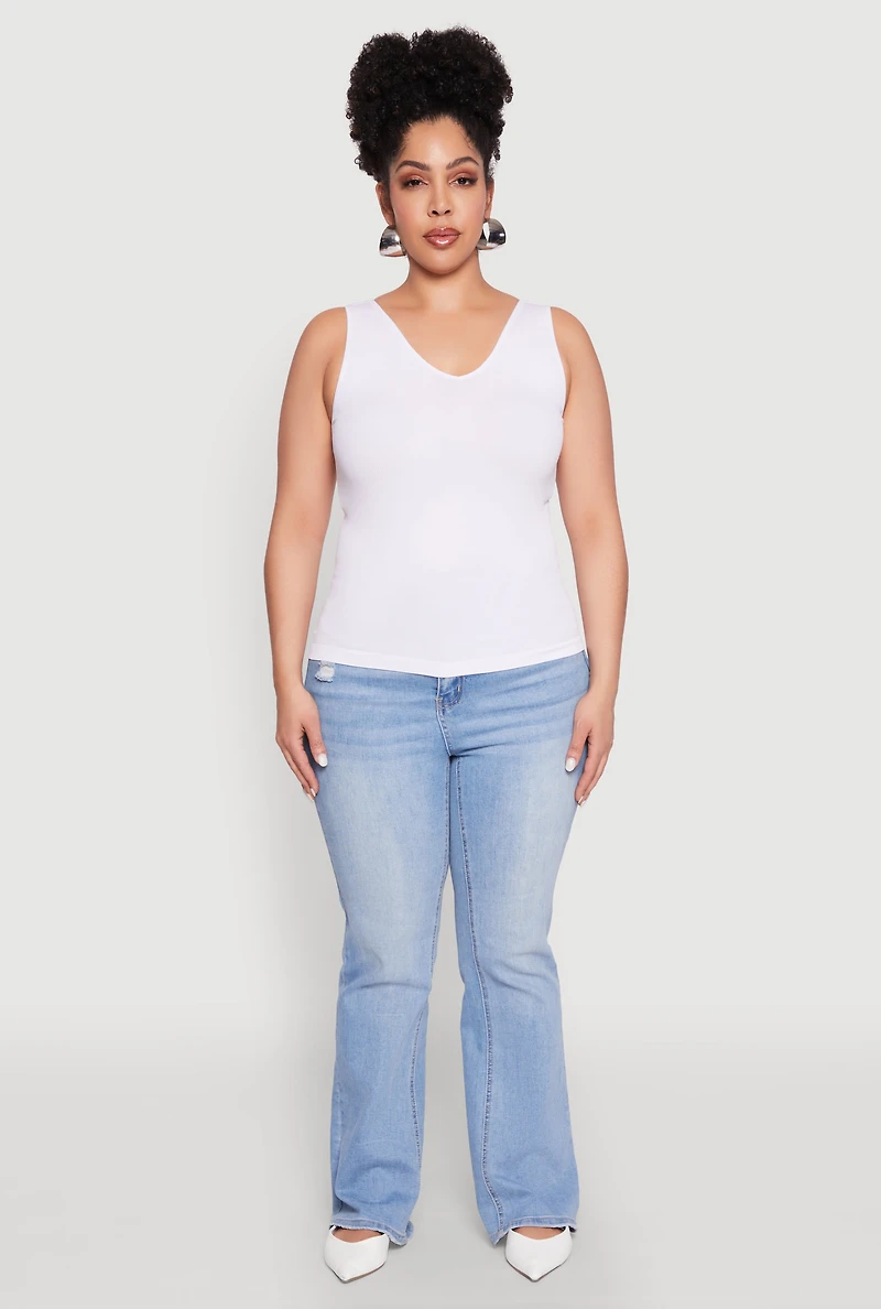 Womens Plus Size Seamless Rib Knit Tank Top, White, Size 2X-3X