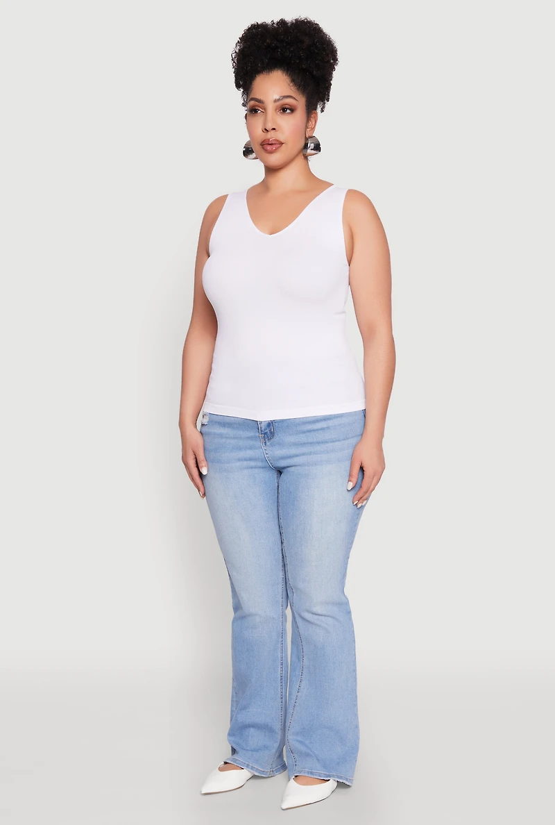 Womens Plus Size Seamless Rib Knit Tank Top, White, Size 2X-3X