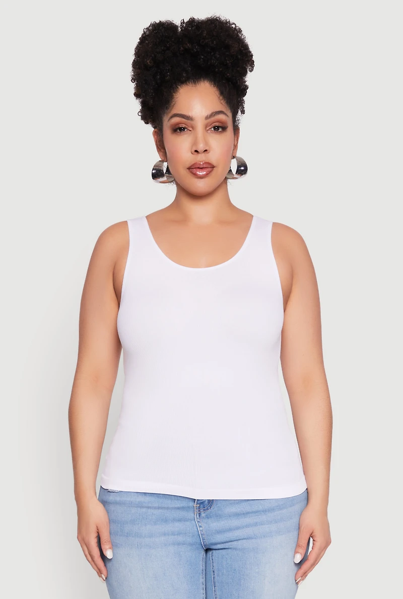 Womens Plus Size Seamless Rib Knit Tank Top, White, Size 2X-3X