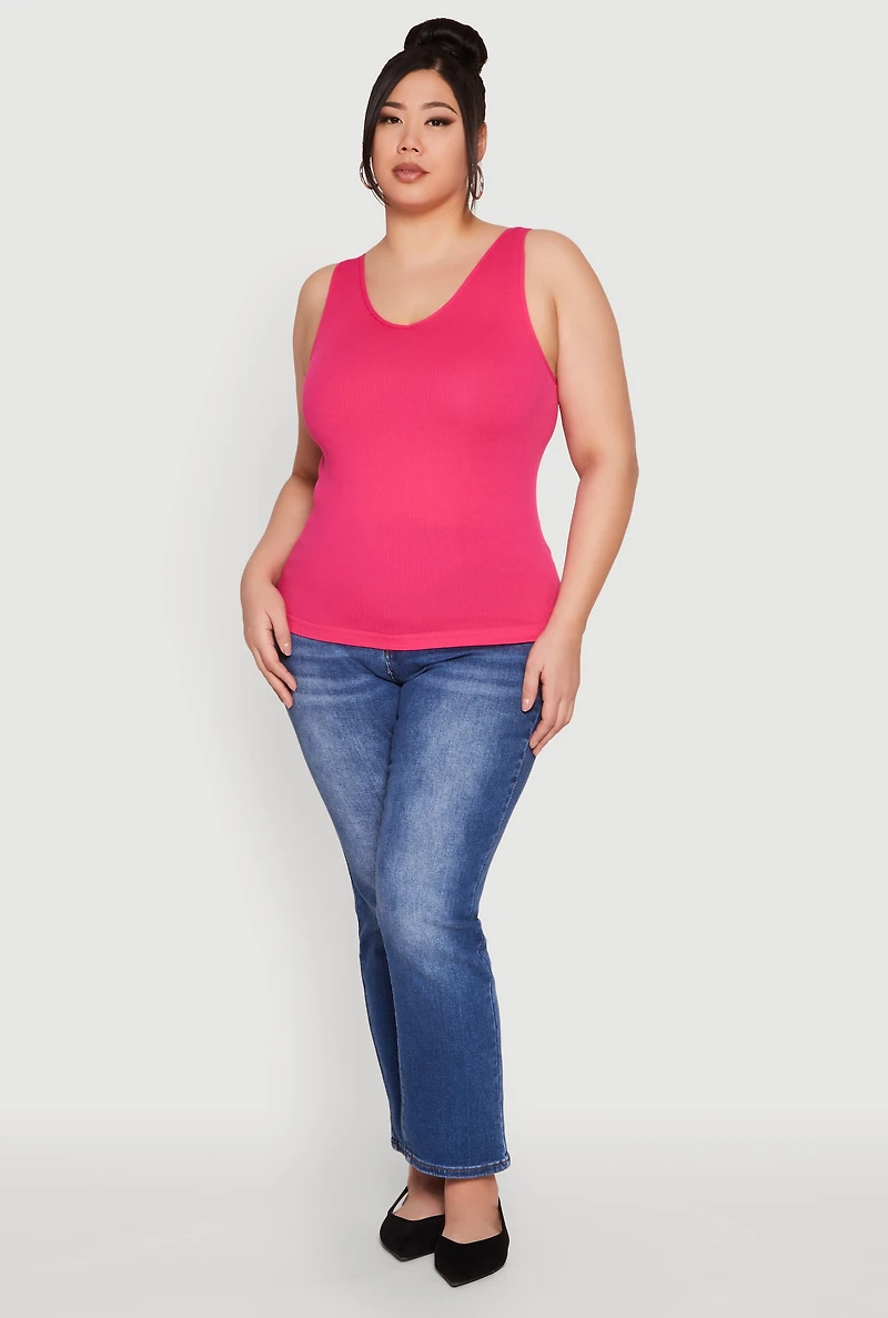 Womens Plus Size Seamless Rib Knit Tank Top, Pink, Size 1X-2X