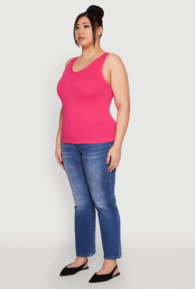 Womens Plus Size Seamless Rib Knit Tank Top, Pink, Size 1X-2X