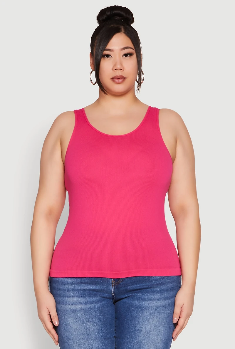 Womens Plus Size Seamless Rib Knit Tank Top, Pink, Size 1X-2X