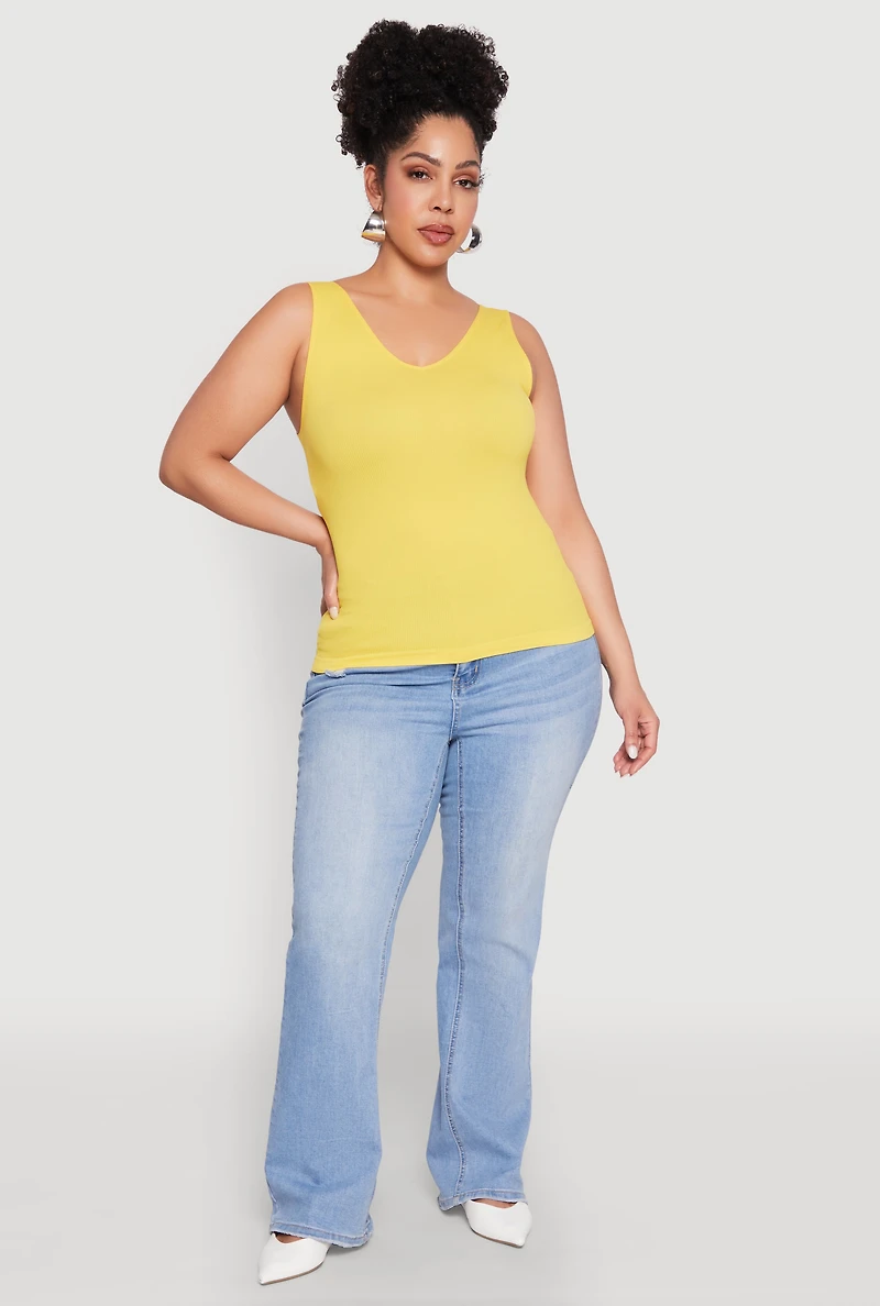 Womens Plus Size Seamless Rib Knit Tank Top, Yellow, Size 1X-2X