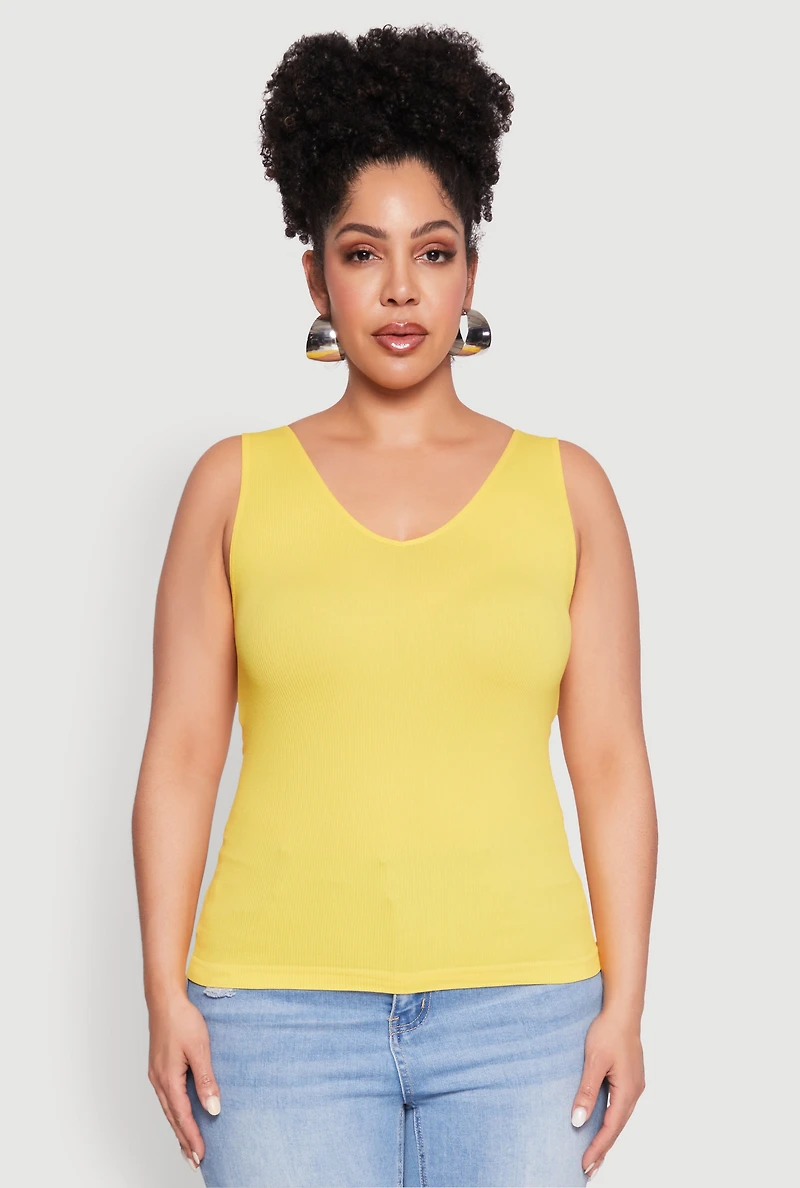 Womens Plus Size Seamless Rib Knit Tank Top, Yellow, Size 1X-2X
