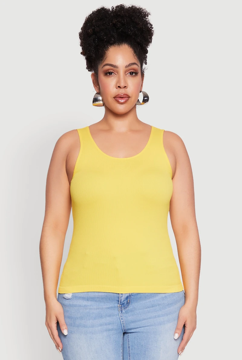 Womens Plus Size Seamless Rib Knit Tank Top, Yellow, Size 1X-2X