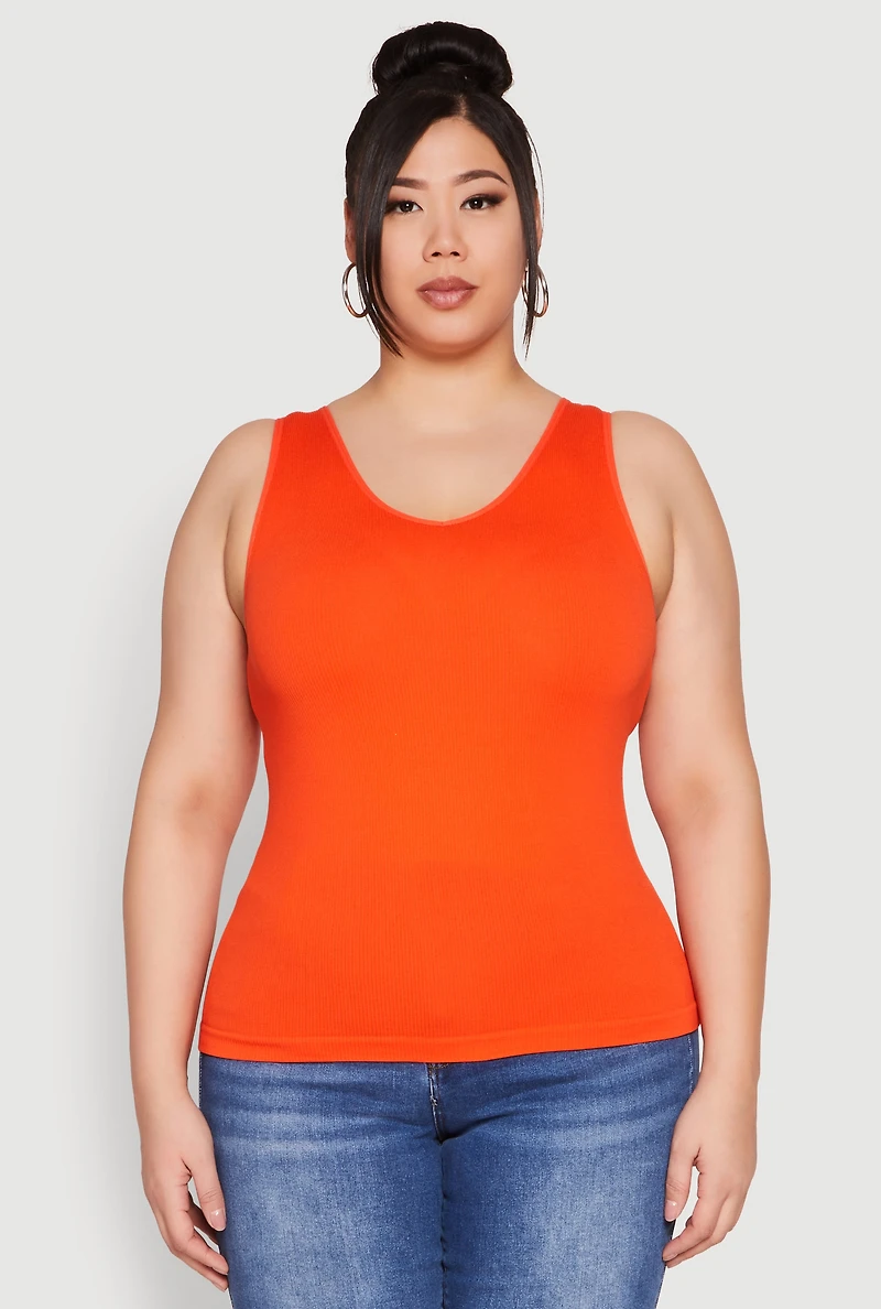 Womens Plus Size Seamless Rib Knit Tank Top, Orange, Size 1X-2X