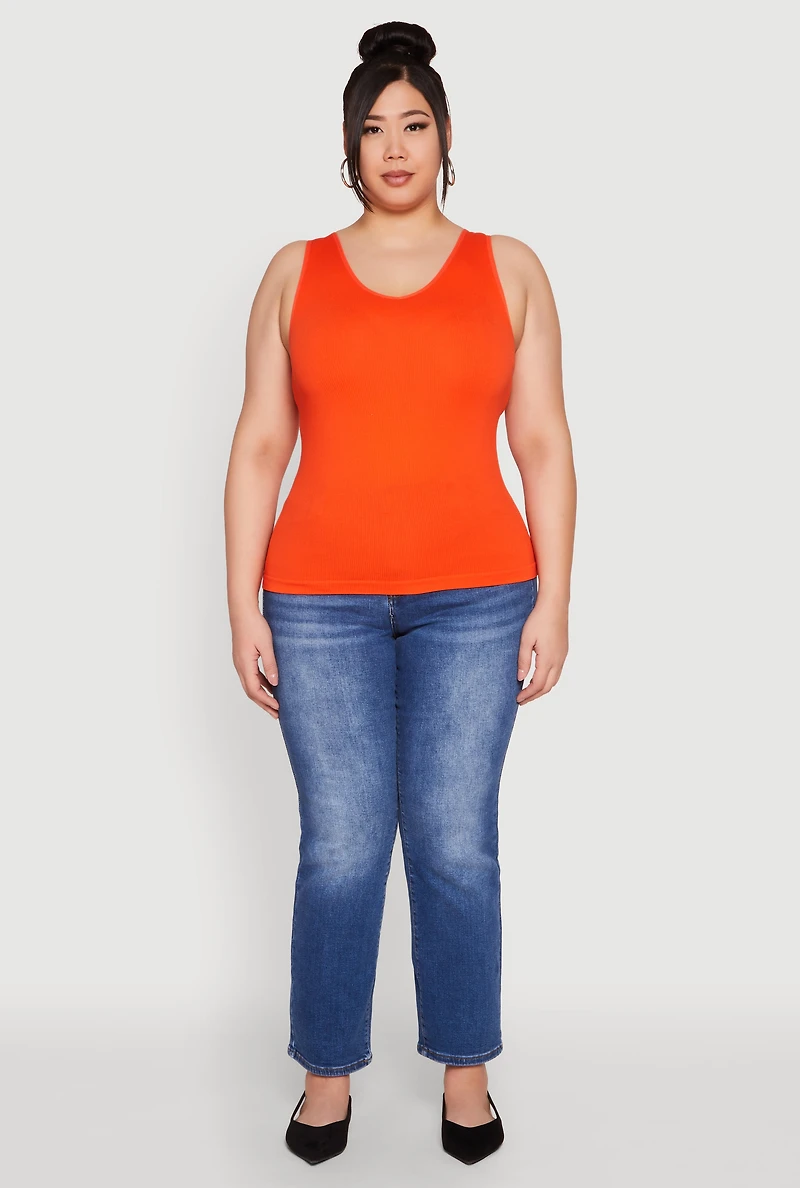 Womens Plus Size Seamless Rib Knit Tank Top, Orange, Size 1X-2X