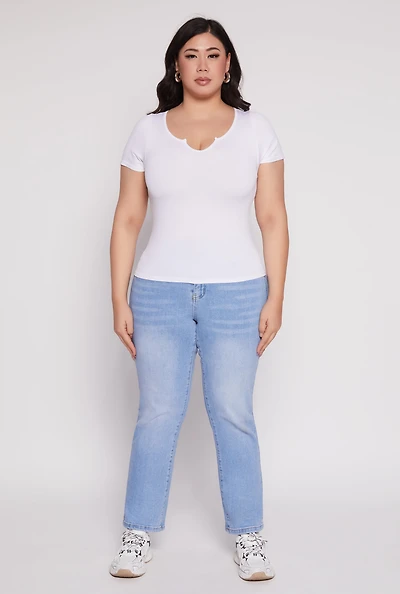 Womens Plus Size Seamless Notch Neck Tee, White, Size 1X-2X
