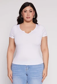 Womens Plus Size Seamless Notch Neck Tee, White, Size 1X-2X