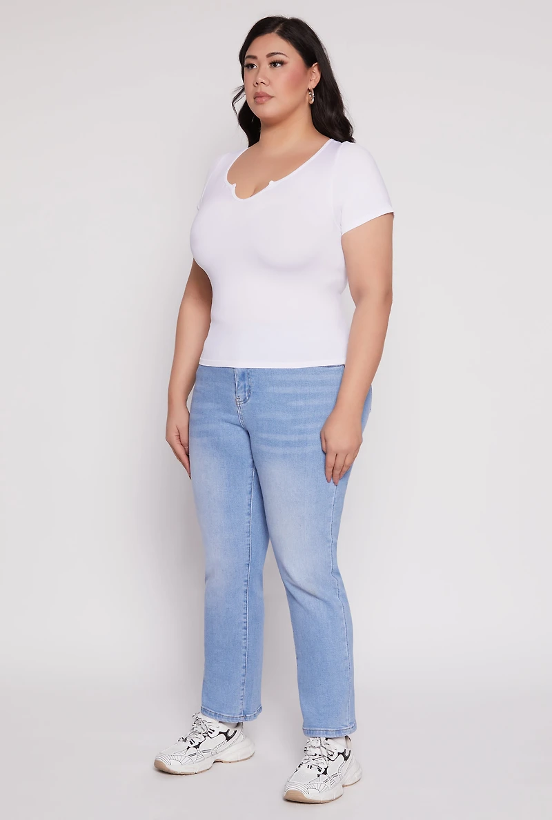 Womens Plus Size Seamless Notch Neck Tee, White, Size 1X-2X