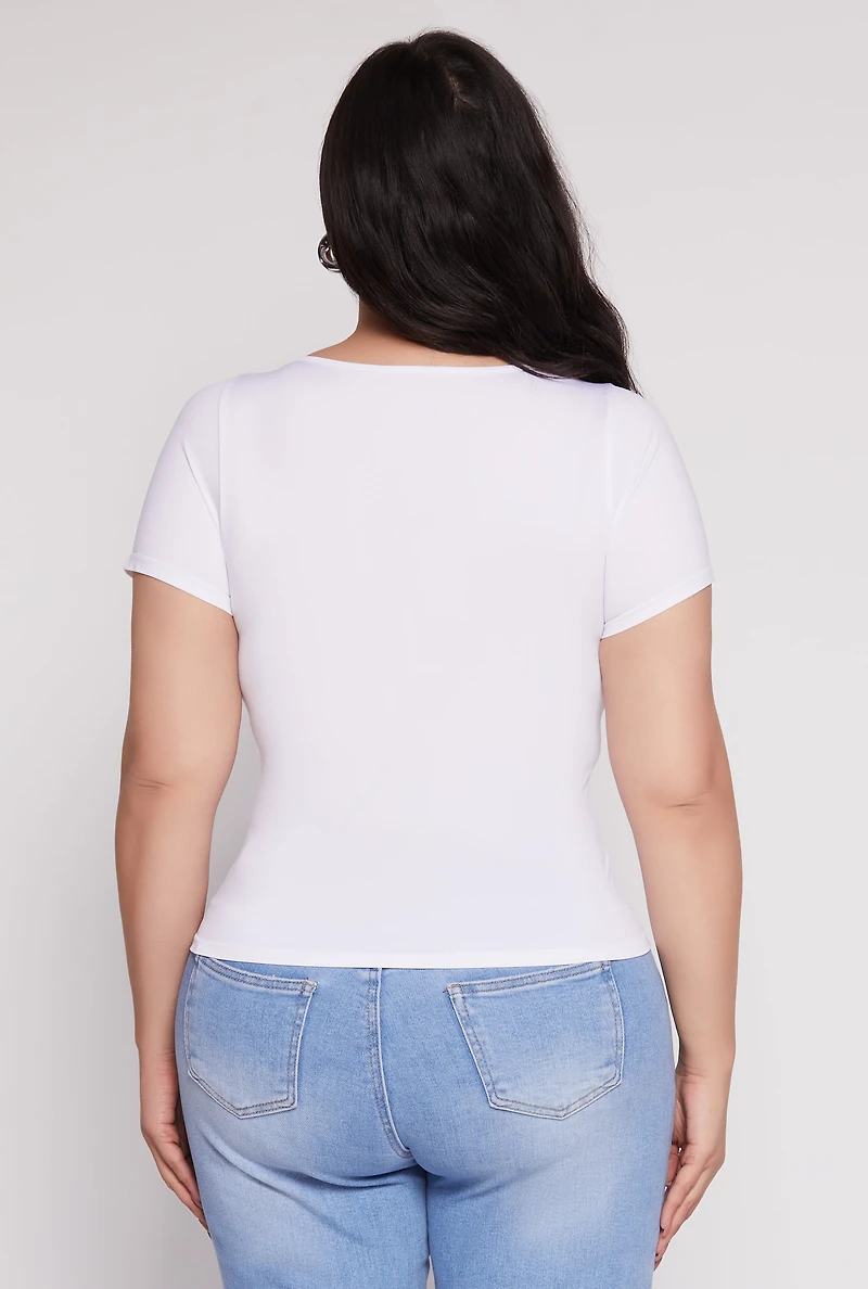 Womens Plus Size Seamless Notch Neck Tee, White, Size 1X-2X